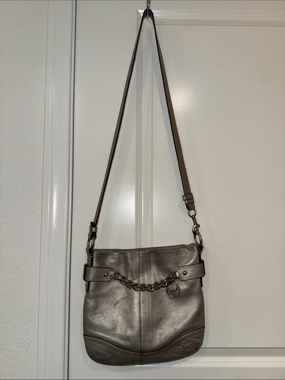 Coach Metallic Gray Leather Shoulder Bag with Chain Detail